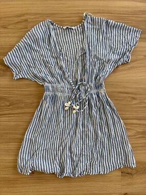 blue island Blue and White Striped Linen Tank